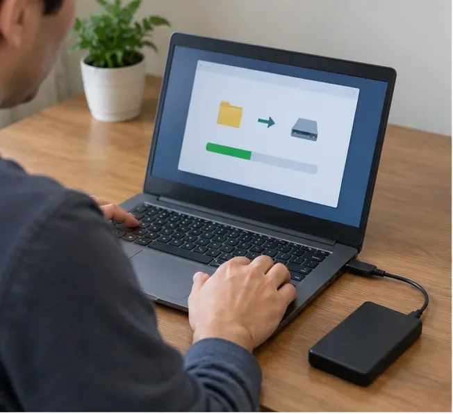 Pessoa fazendo backup dos arquivos de um notebook para uma unidade externa antes do descarte