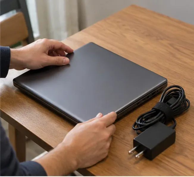 Notebook fechado e carregador separados sobre uma mesa para inspeção antes da entrega