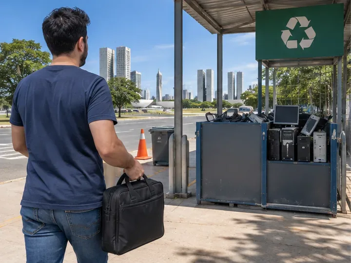 Pessoa chegando com uma bolsa de notebook a um ponto de coleta de resíduos eletrônicos