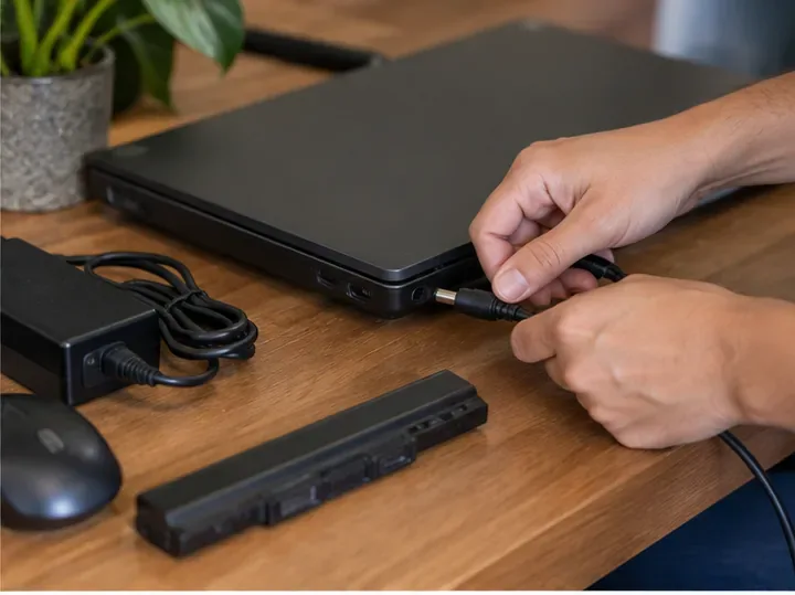 Notebook desligado sobre uma mesa com carregador e bateria separados