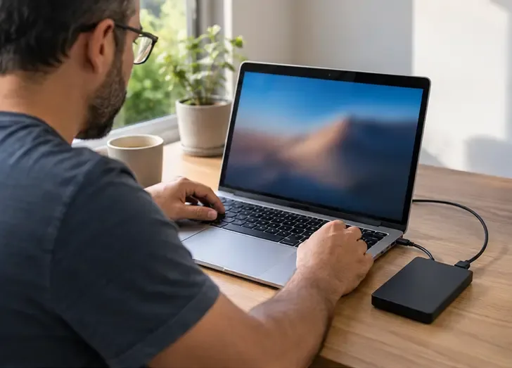 Pessoa fazendo backup de arquivos de um notebook para um dispositivo externo antes de encaminhá-lo ao descarte