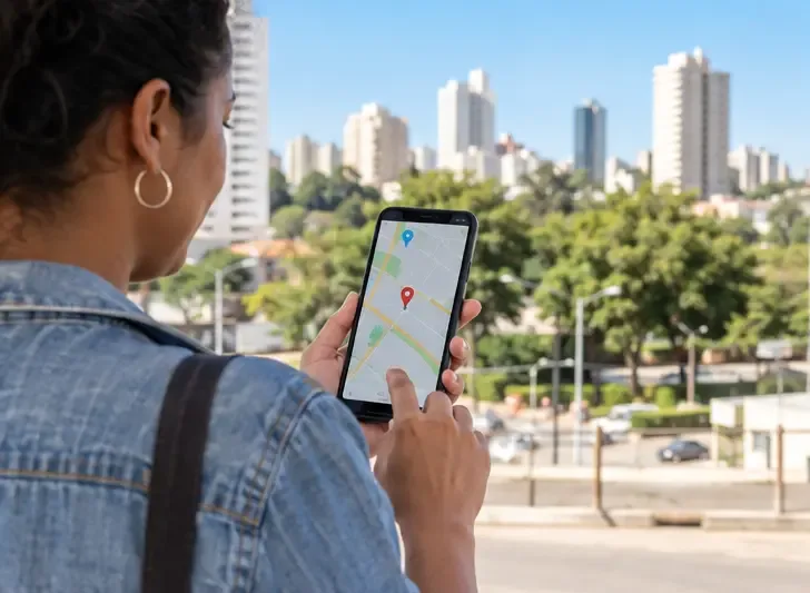 Pessoa consultando no celular a localização de um ponto de recebimento de eletrônicos em uma área urbana