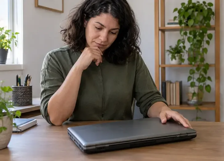 Pessoa avaliando um notebook antigo fechado sobre uma mesa para decidir entre reutilizar, doar ou encaminhar para reciclagem