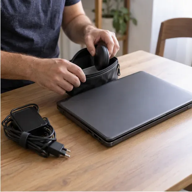 Notebook fechado, carregador enrolado e acessórios sendo conferidos sobre uma mesa antes do descarte