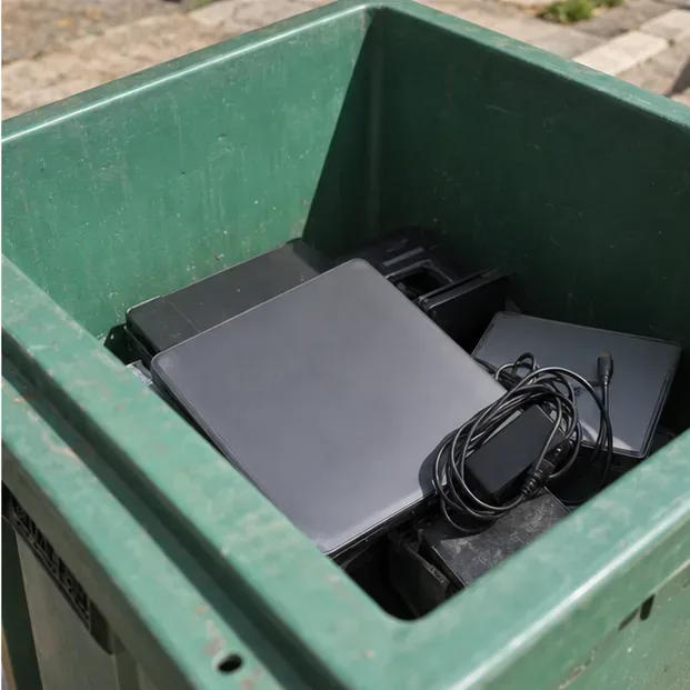 Notebooks fechados e carregadores separados dentro de um recipiente de coleta de eletrônicos