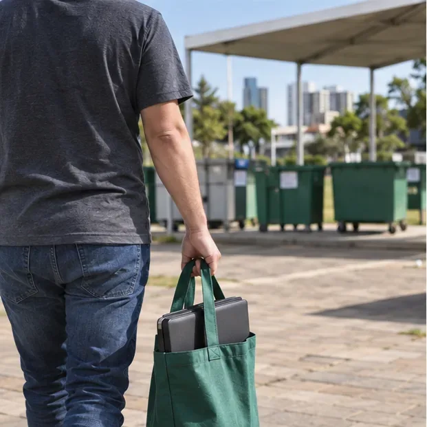 Pessoa transportando um notebook fechado em uma bolsa reutilizável em direção a uma área de coleta