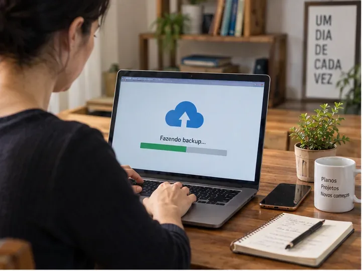 Pessoa fazendo backup de arquivos em um notebook antes do descarte