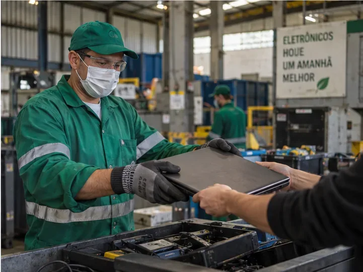 Trabalhador de reciclagem recebendo um notebook em área de triagem de eletrônicos