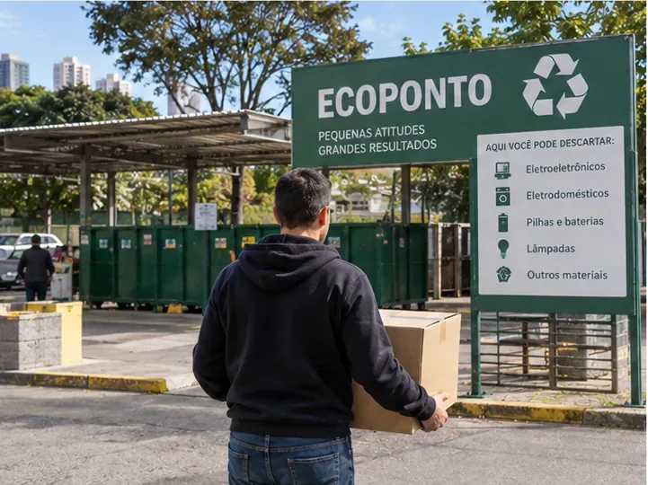 Pessoa levando uma caixa com notebook para um Ecoponto de resíduos eletroeletrônicos