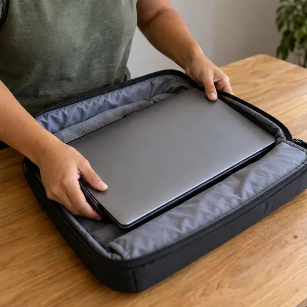 Notebook fechado sendo colocado com cuidado em uma bolsa acolchoada.