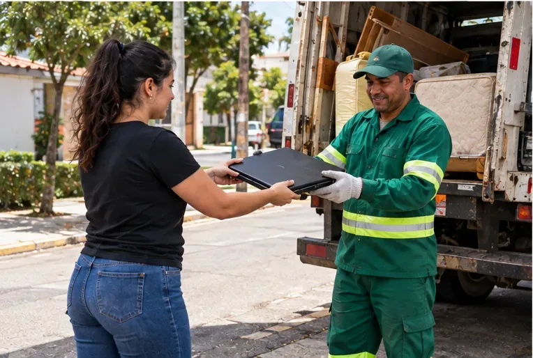Moradora entregando um notebook fechado a trabalhador de coleta em frente a um caminhão