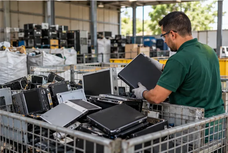 Trabalhador separando notebooks usados em estrutura de triagem de resíduos eletroeletrônicos