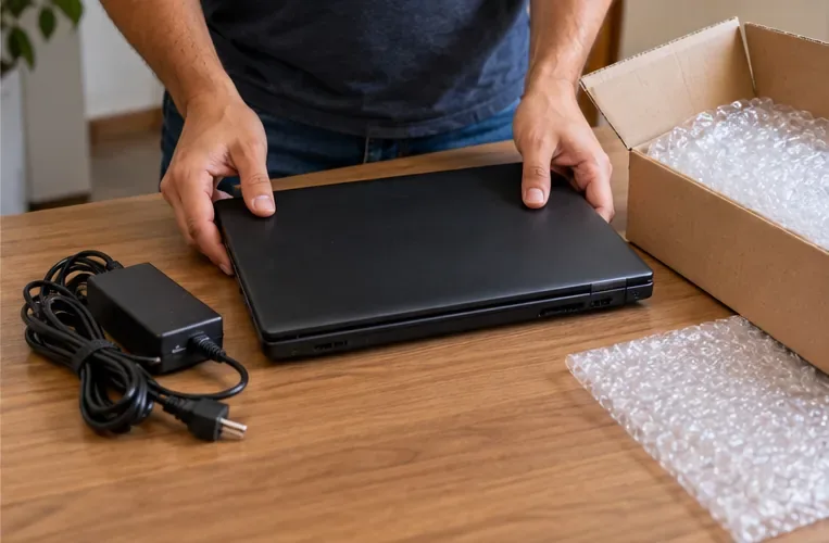 Notebook fechado ao lado do carregador, sendo preparado para transporte em uma caixa