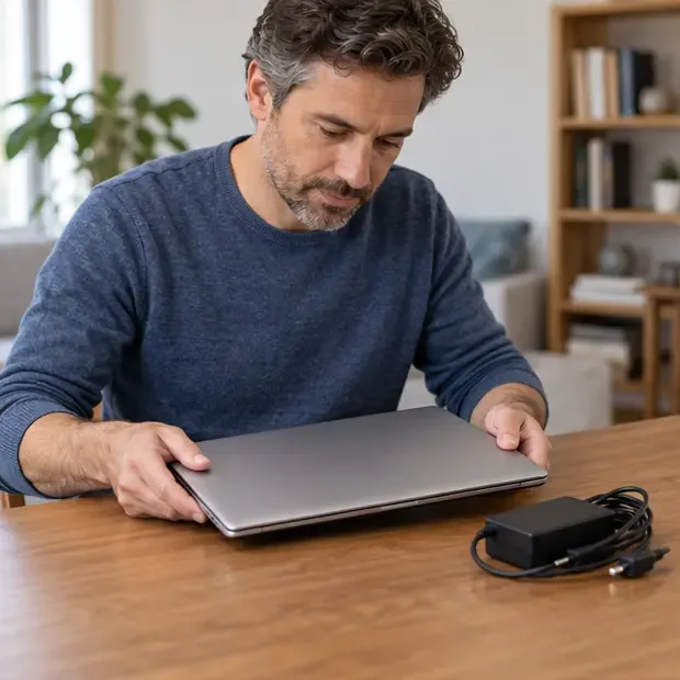 Pessoa examina um notebook fechado e o carregador sobre uma mesa antes de decidir o descarte