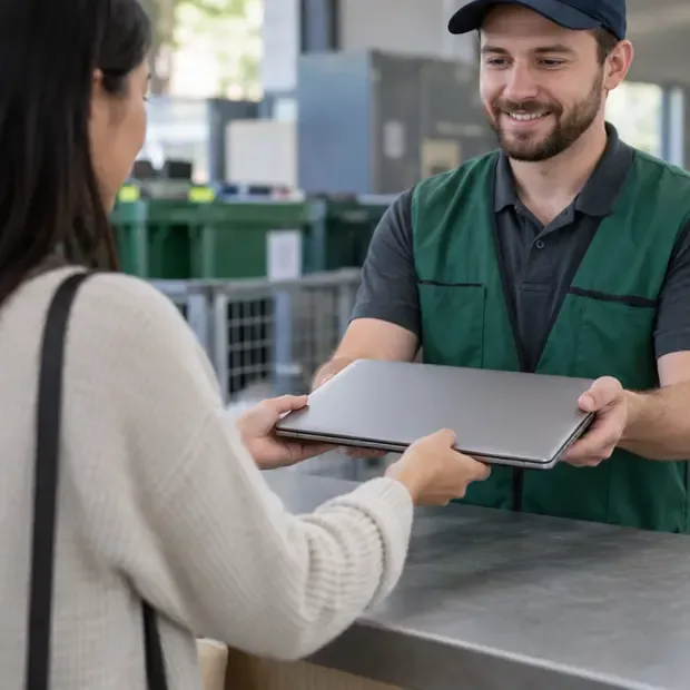 Moradora entrega um notebook fechado a um funcionário em um balcão genérico de recebimento de eletrônicos