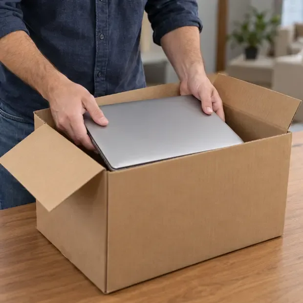 Notebook fechado sendo acomodado com cuidado em uma caixa de papelão para o transporte