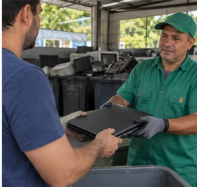 Pessoa entregando um notebook fechado a um trabalhador de um centro de triagem de eletrônicos