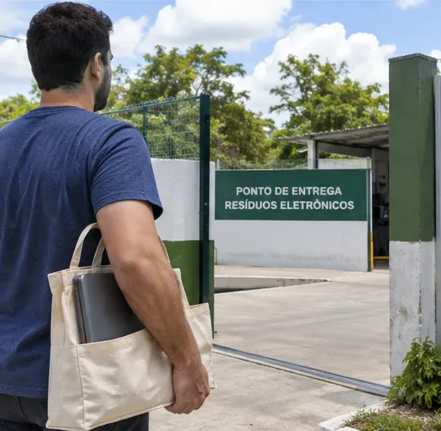Pessoa carregando um notebook em uma bolsa ao chegar a um ponto de entrega de resíduos eletrônicos