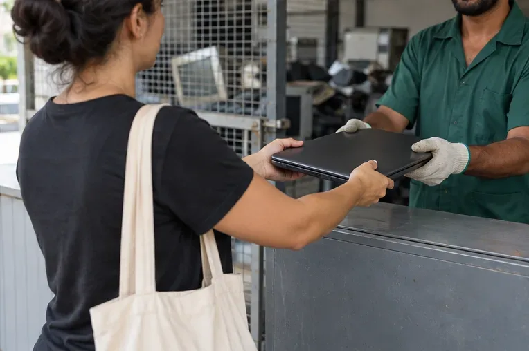 Pessoa entregando um notebook fechado a um trabalhador com luvas em um balcão de recebimento de eletrônicos