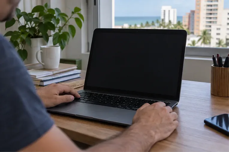 Pessoa diante de um notebook aberto e com a tela escura, preparando o desligamento em uma mesa próxima à janela