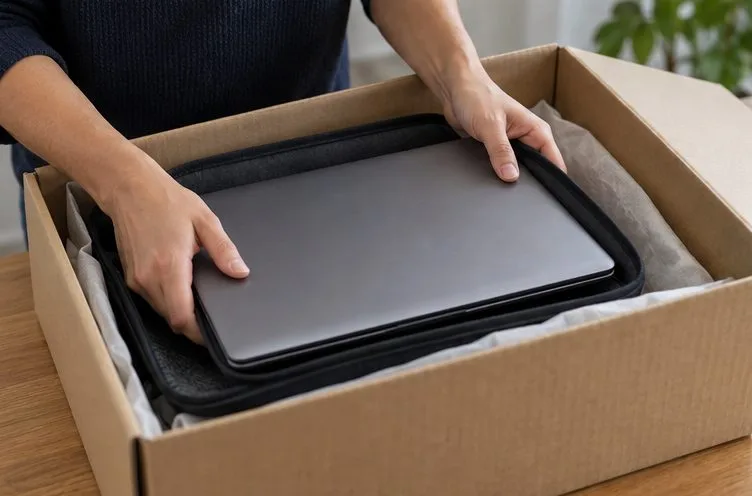 Notebook desligado sendo colocado em uma capa acolchoada dentro de uma caixa