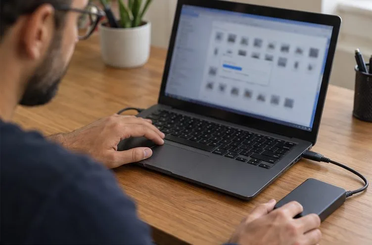 Notebook com a tela desfocada conectado a um pequeno disco externo durante uma cópia de arquivos