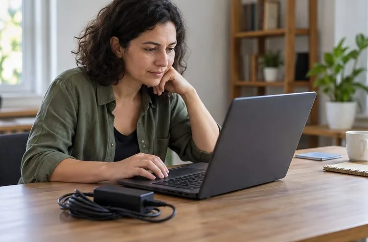 Pessoa avaliando um notebook aberto sobre a mesa, com o carregador ao lado