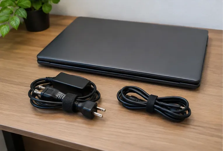 Notebook fechado ao lado de carregador e cabos organizados sobre uma mesa