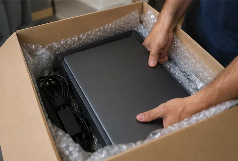 Pessoa acomodando um notebook e seu carregador em uma caixa protegida para transporte