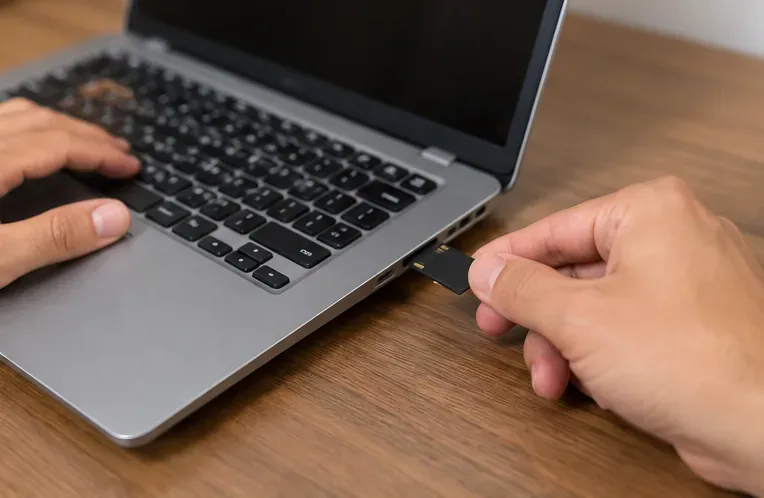 Mão removendo um pequeno cartão de memória da lateral de um notebook
