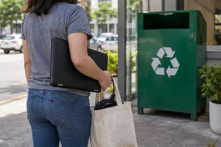 Pessoa levando notebook e cabos até um coletor verde destinado à reciclagem