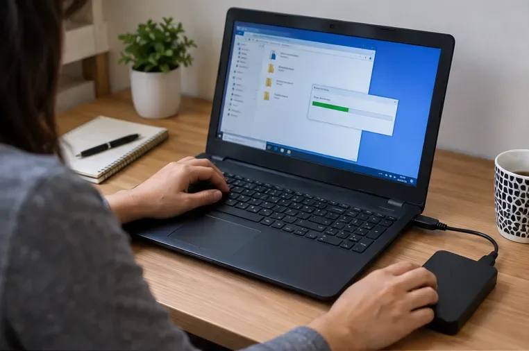 Pessoa copiando arquivos de um notebook para uma unidade externa antes do descarte