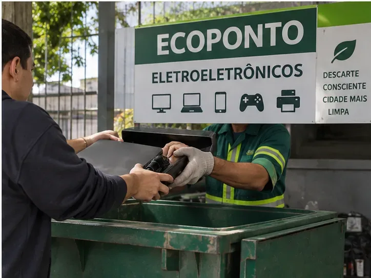Morador entregando notebook e carregador a um trabalhador em um ponto de recebimento de eletroeletrônicos.