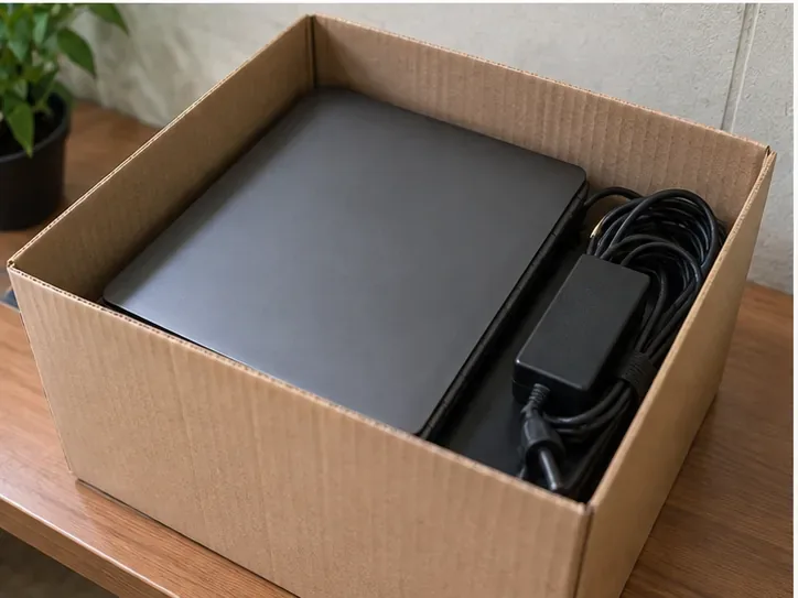Notebook desligado e carregador acomodados dentro de uma caixa de papelão para transporte ao ponto de entrega.