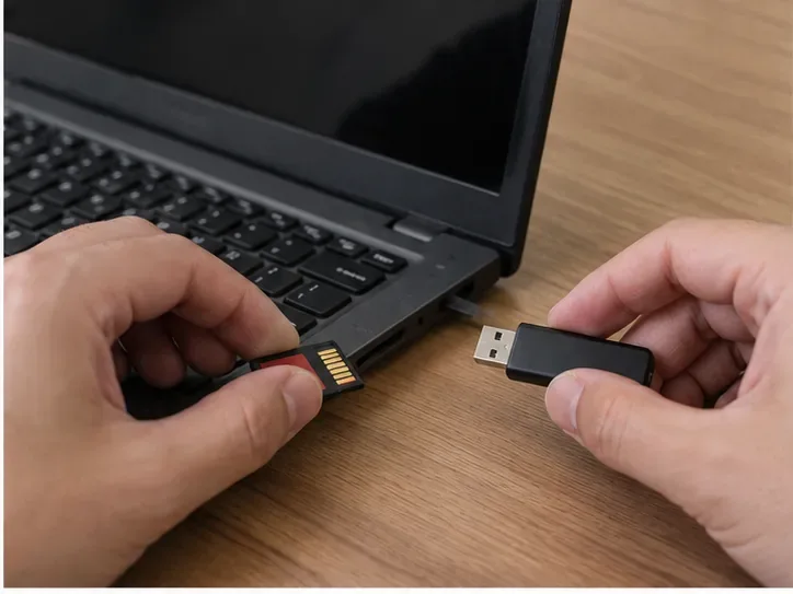 Mãos retirando um cartão de memória e um pequeno dispositivo USB de um notebook antes do descarte.