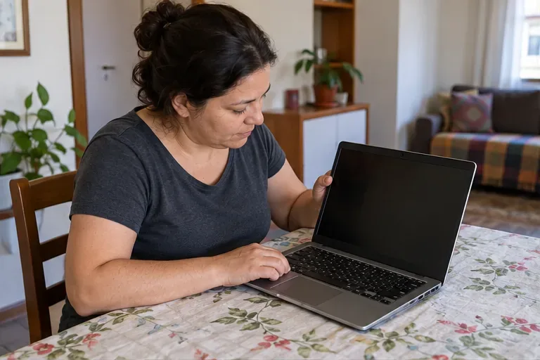 Uma pessoa examina um notebook aberto sobre a mesa para avaliar se ainda pode ser reutilizado.
