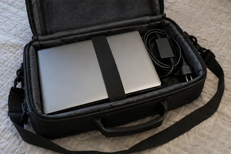 Um notebook fechado e seu carregador estão acomodados em uma bolsa acolchoada para transporte.
