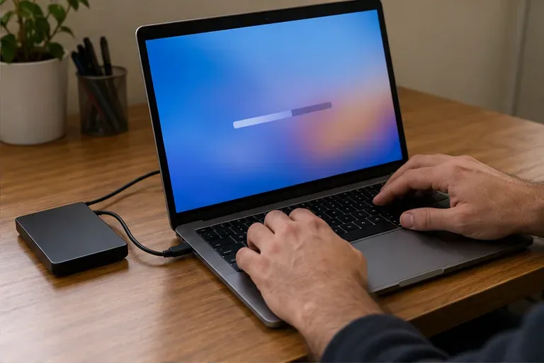 Mãos operam um notebook conectado a um disco externo enquanto a tela mostra uma barra abstrata de processamento.