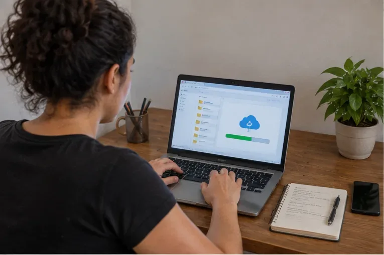 Pessoa fazendo backup de arquivos em um notebook sobre uma mesa antes do descarte