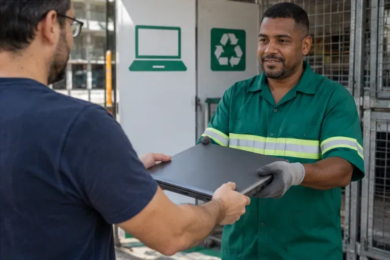 Pessoa entregando um notebook fechado a um trabalhador em um ponto de recebimento de eletrônicos