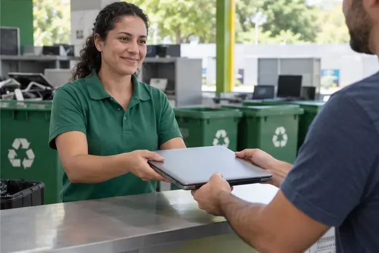 Funcionária recebe um notebook fechado de um morador em um balcão organizado de coleta de eletrônicos