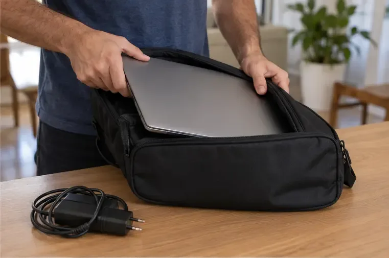 Notebook desligado sendo colocado em uma bolsa acolchoada enquanto o carregador permanece separado sobre a mesa