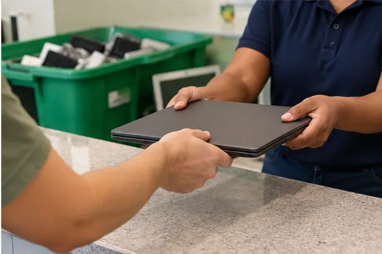 Pessoa entregando um notebook fechado a um atendente em um ponto de recebimento de eletrônicos