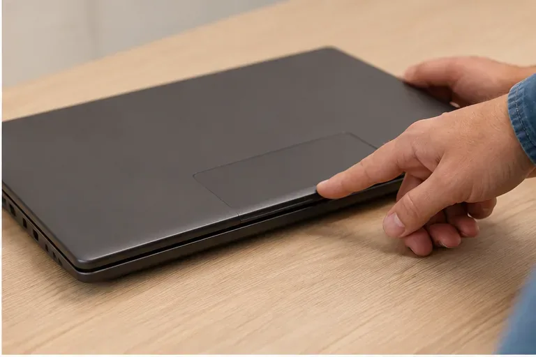 Mãos inspecionando a lateral e a base de um notebook fechado sobre uma mesa