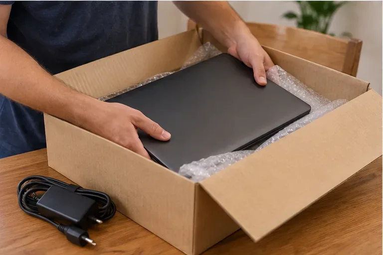 Notebook fechado sendo colocado em uma caixa protegida, com o carregador separado ao lado