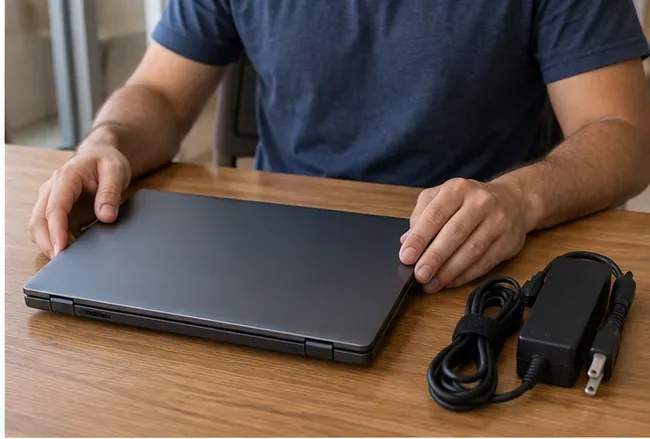 Notebook desligado sobre uma mesa ao lado do carregador e do cabo organizados para transporte