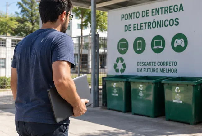 Pessoa chegando com um notebook a um ponto de entrega identificado para resíduos eletrônicos