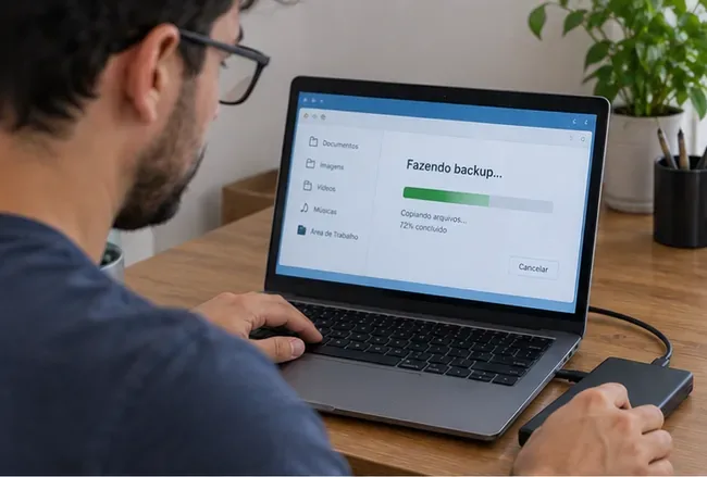Pessoa fazendo backup dos arquivos de um notebook para uma unidade externa antes do descarte