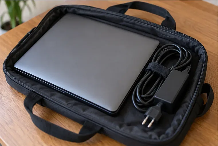 Notebook desligado e fechado dentro de uma bolsa, com o carregador e o cabo organizados ao lado