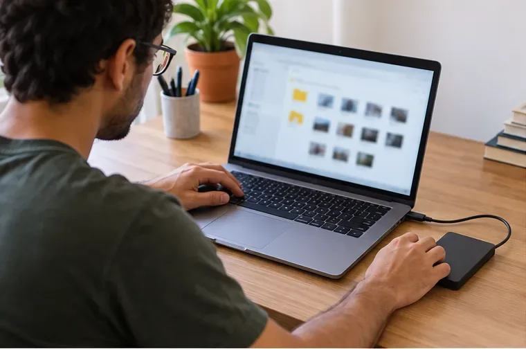 Pessoa usando um notebook e conectando um pequeno dispositivo externo sobre uma mesa para guardar arquivos antes do descarte
